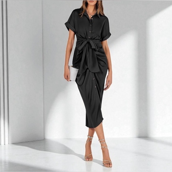 NEW / BTFBM (Amazon), Satin Ruched Shirt Dress, 2XL (Fits Smaller), Black - Picture 1 of 12